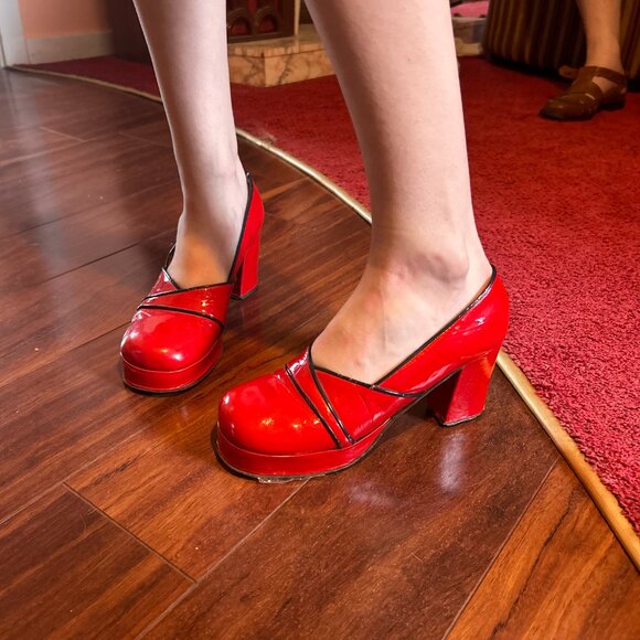 1940s PIN UP Real Patent Leather bright red leather sole Platform cuban heels fr - Picture 7 of 16